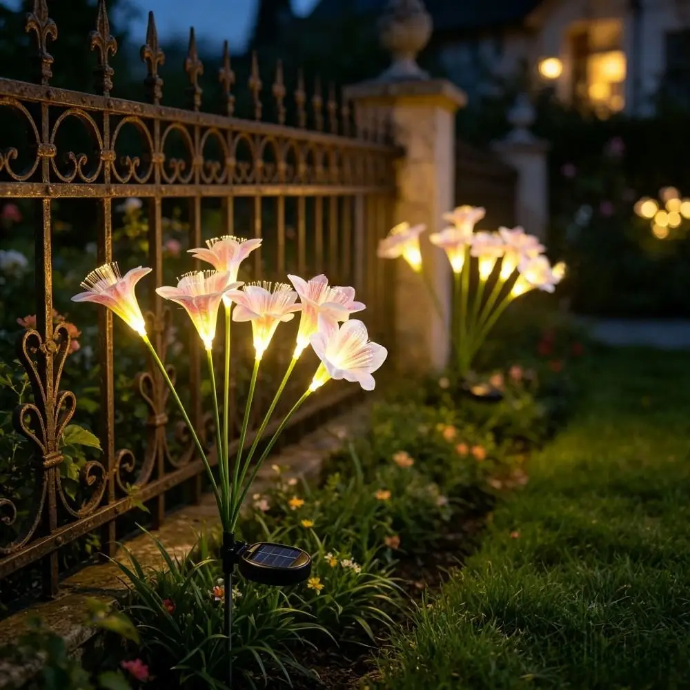 6 Heads Lily Flower Stake Lights Solar Powered Waterproof Lawn Lamp Fiber Optic LED Pathway Patio Yard Light