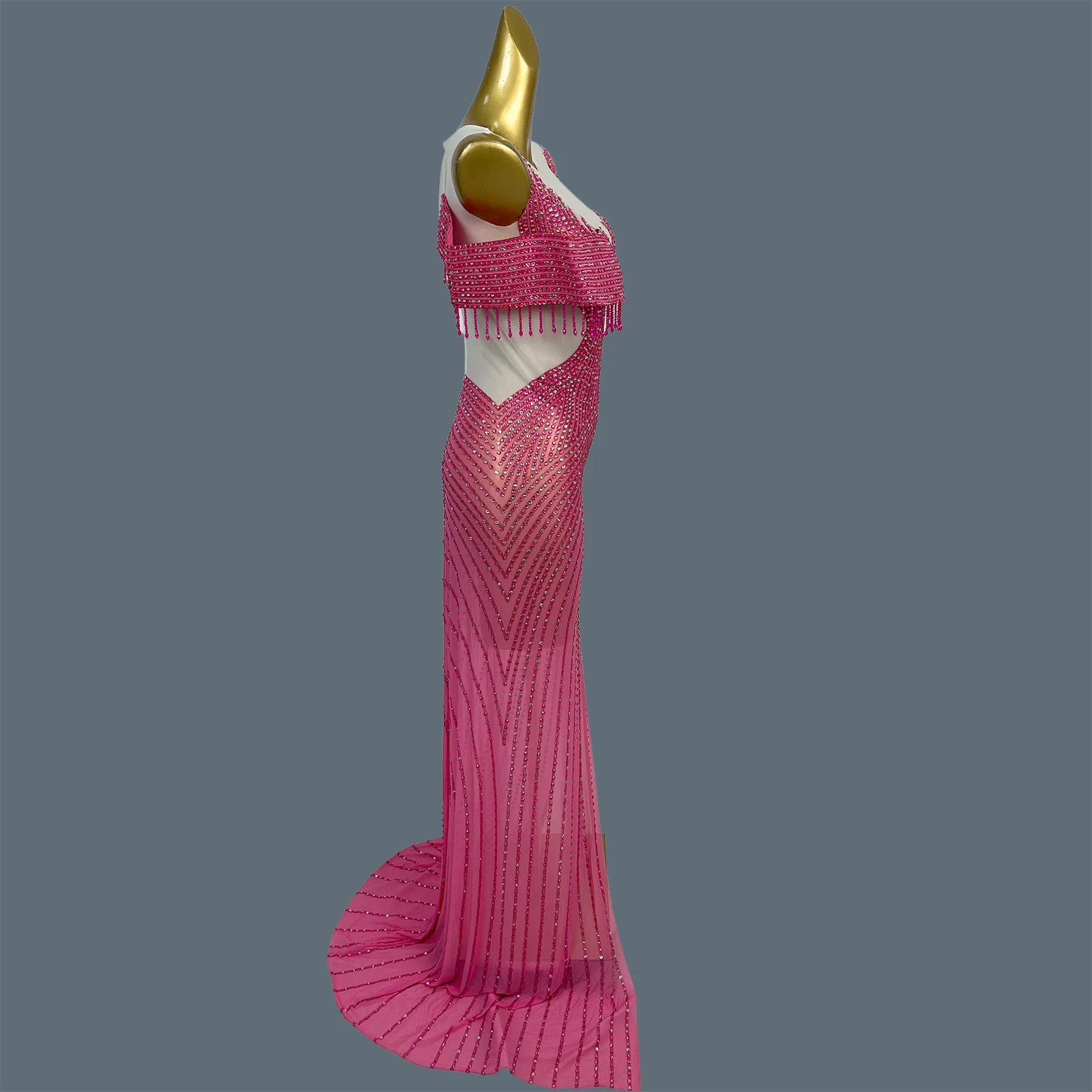 Sexy High-end Luxury High Side Slits Long Dress Elegant Women Sparkly Rhinestone Pink Gown Birthday Party Photo Shoot Wear Mulan