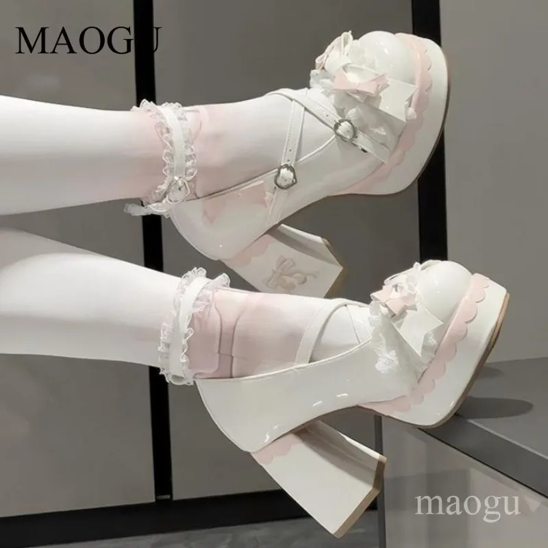 Sweet Lolita Platforms Lace Bow Decor Chunky Block Heel Mary Janes Kawaii Heart Buckle Cosplay Dress Shoes Cute Zapatos Mujer - view 5