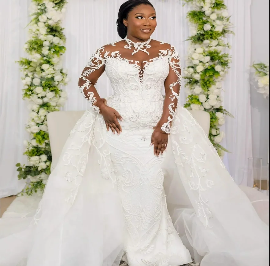 Customized High Collar Appliques Beads  Mermaid Wedding Dress Plus Size  African Full Sleeve Bridal Gowns with Removable SKirt