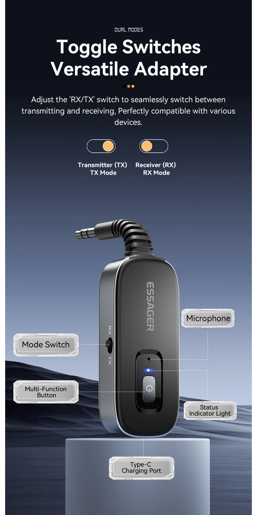 Essager 2-in-1 Bluetooth Audio Receiver Sender Wireless Bluetooth 5.1 3,5 mm AUX Audio Adapter Stereo für Kopfhörer TV Auto – Detail 4