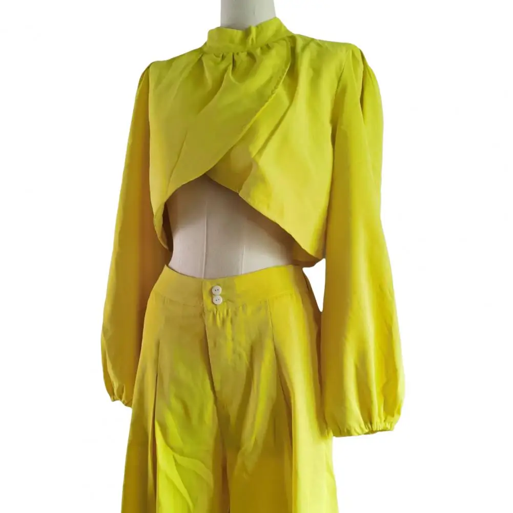 Stand-up Collar Shirt Chic Women's Stand Collar Pleated Top Wide Leg Pants Set For Stylish Ol Commute Outfit Elegant Long Sleeve