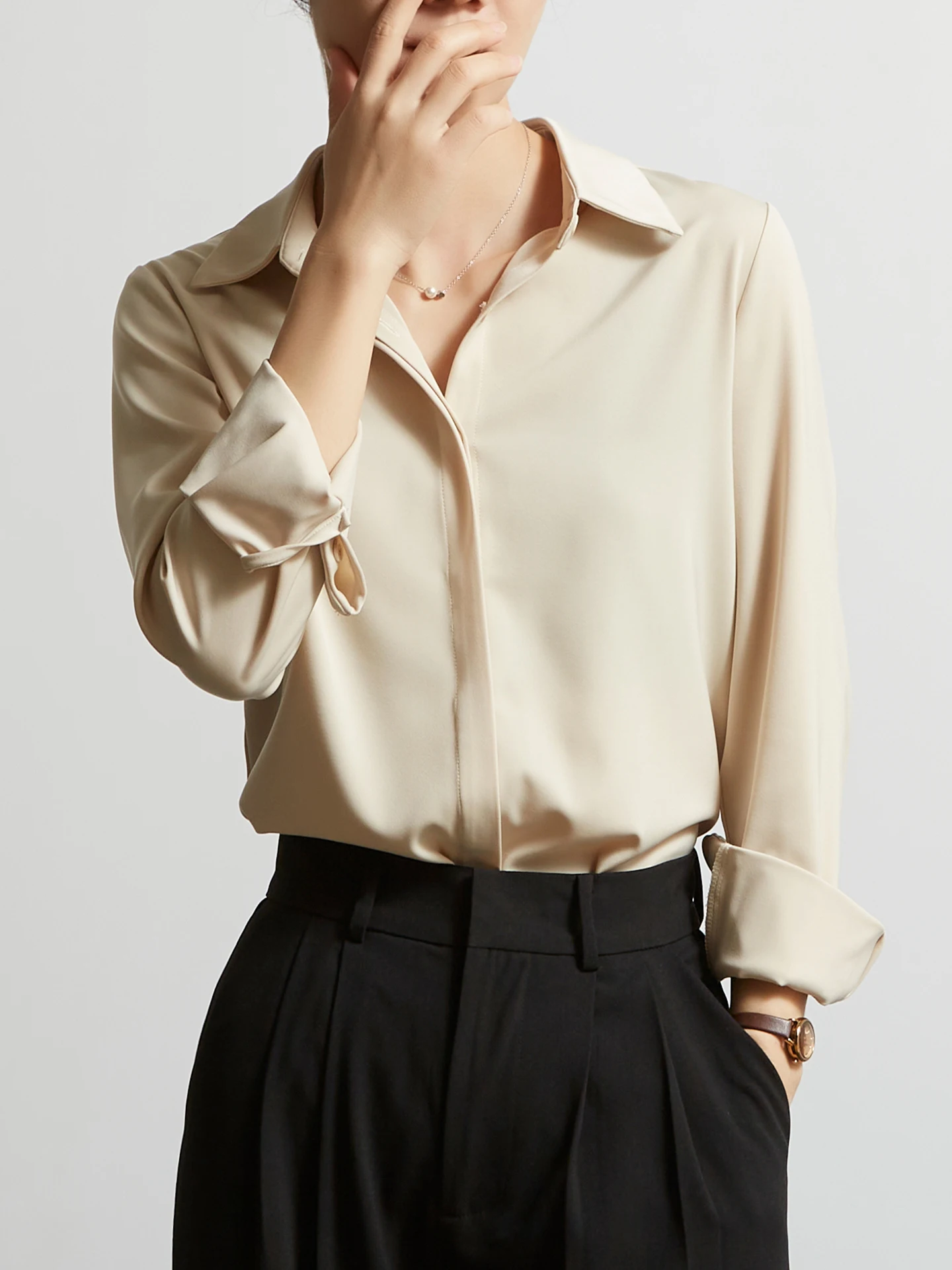 

Chicbliss Champagne Satin Shirt Women's Professional Drapey Career Style Button up Long Sleeve Collar Regular Fit Shirt