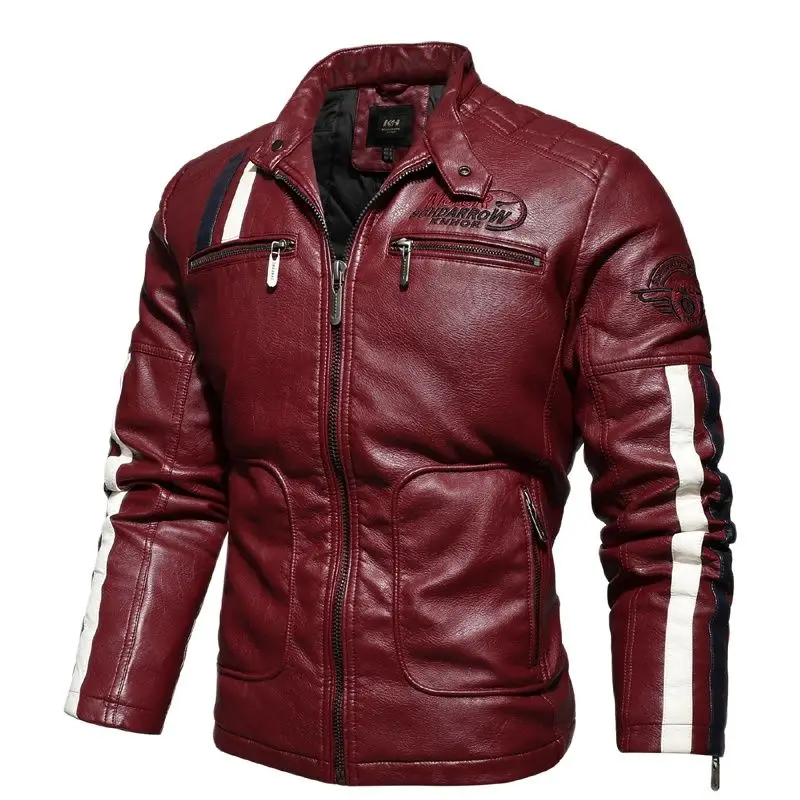 Nice Pop Winter Men's Leather Trench Coat Jacket Lining plus Cotton Warm Stitching Slim Leather Men Wind-Resistant Pu Jacket