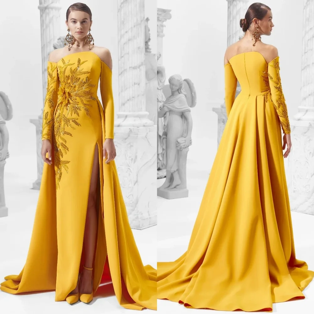 

Customized Modern Style Jersey Sequined Pleat Straight Off-the-shoulder Long Dresses Bespoke Occasion Simple