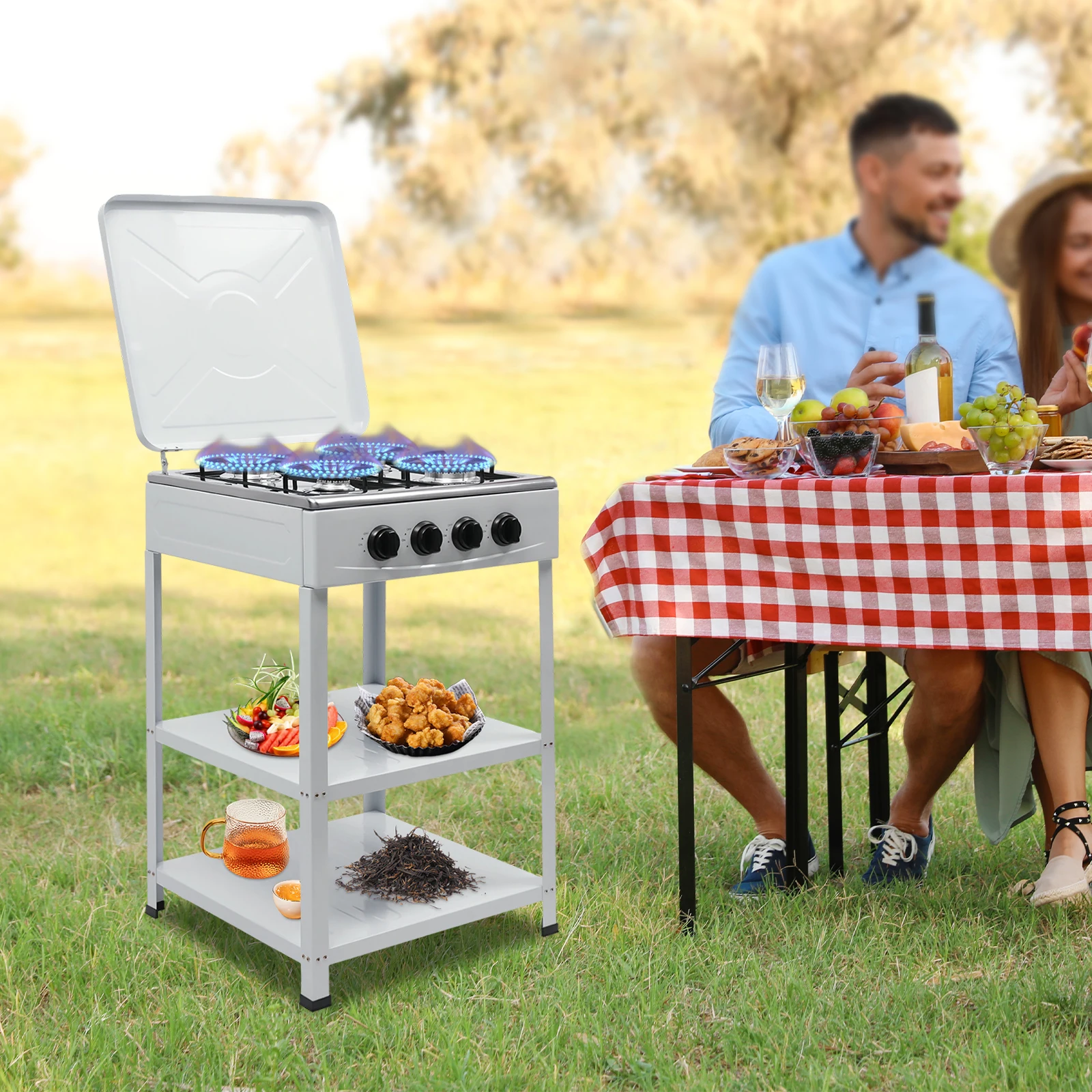 4 Burner Portable Gas Stove LNG/LPG White Stainless Steel with Wind Blocking Cover Support Leg Stand Manual Ignition for Camping