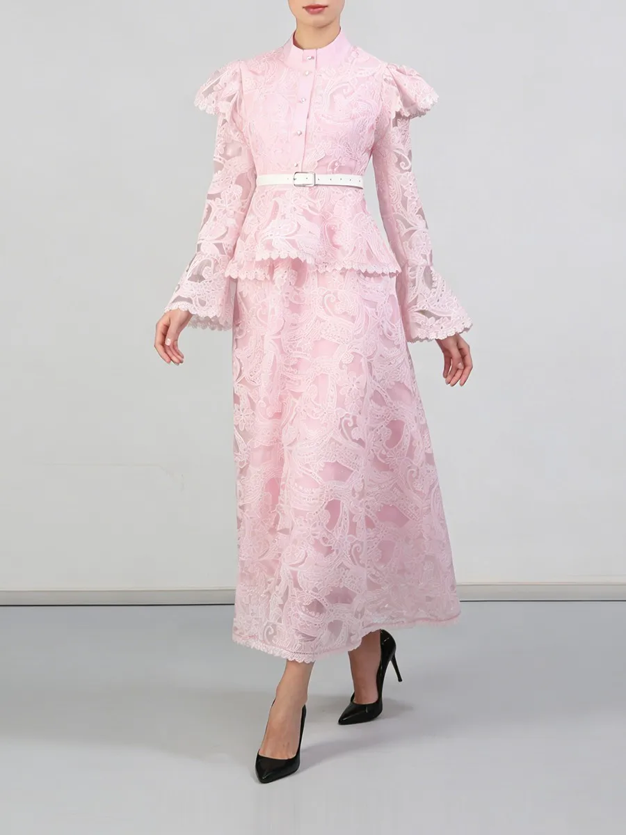 투트윈스타일 솔리드 프린팅 시스루 스플라이스 벨트 패션 드레스 여성용 라운드넥 긴팔 패치워크 버튼 드레스