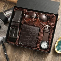 New 4pcs/set Mens Gift Set with Box Fashion Watch Men Leather Belt Wallet Sunglasses Business Holiday Birthday Gifts for Him