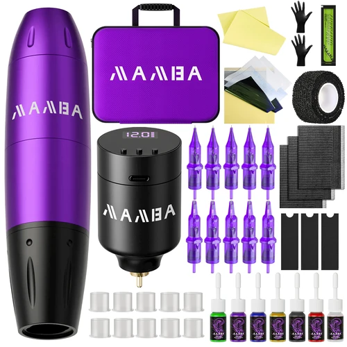 Imagen 1 del producto Kit de máquina de tatuaje inalámbrica, Kit de tatuaje de maquillaje permanente con batería de tatuaje MAMBA de 1350mAh, 7 Uds., tinta de tatuaje, 10 Uds., aguja de tatuaje