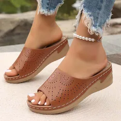 Plus Size Hollow Wedge Sandals Women Premium Orthopedic Open Toe Slippers Woman 2024 Summer Lightweight Platform Slides Shoes