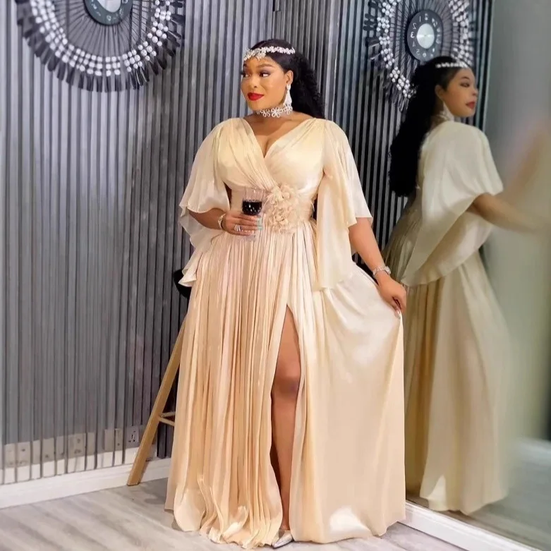 

Plus Size Women's Champagne Sexy V-neck Petal Sleeve High Slit Pleated Evening Dress, Elegant Banquet Dress Elegantes Casual Y2K