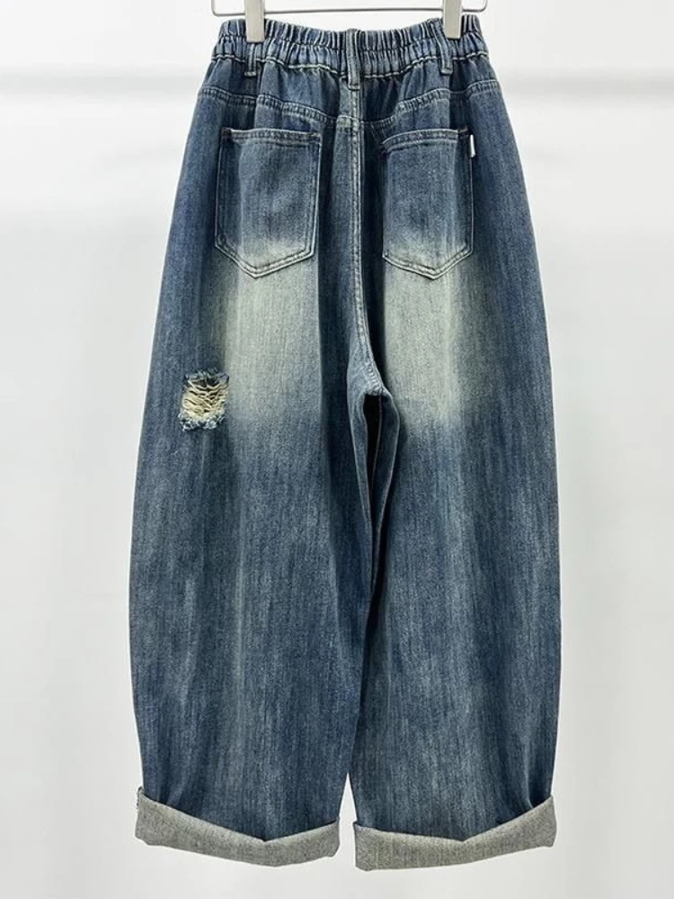 Summer ripped loose denim dad pants women's fashion personality elastic high waisted versatile casual carrot pants trendy