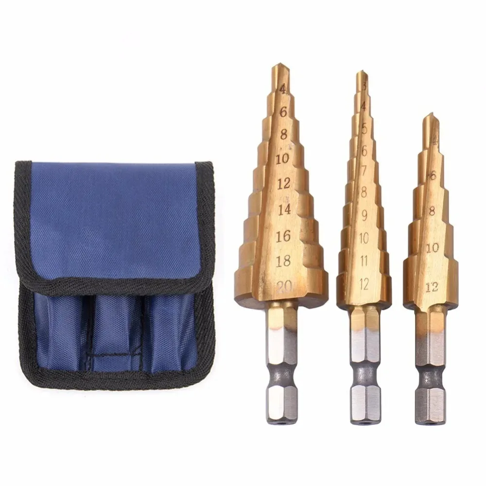 3Pcs Hss Steel Titanium Step Drill Bits 3-12/4-12/4-20mm Step Cone Cutting Tools Steel Woodworking Wood Metal Drilling Set