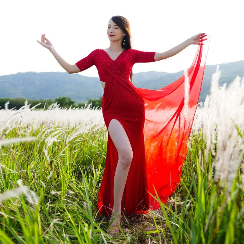 

Customized Performance Set Belly Dance Costumes Jumpsuit Long Dress Oriental Dancewear Wear Silk Cotton Safety Pants