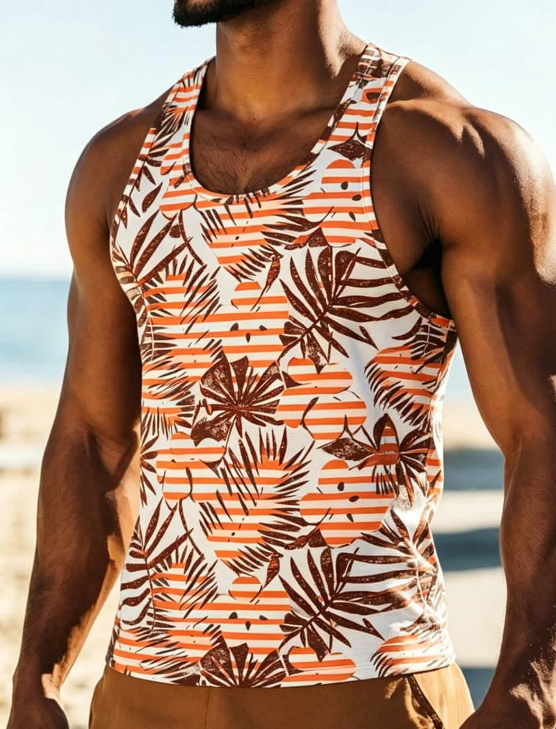 Color blocking plaid/polka dot tropical plant floral print men's Tank, for festivals, summer travel, and casual wear ﻿