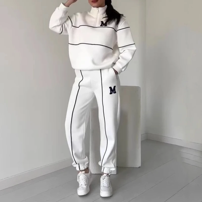 Autumn Winter New Fashion Letter Print Sweatshirt Set Casual Zipper Half Open Collar Long-sleeve Top + Sweatpants Two-piece Suit