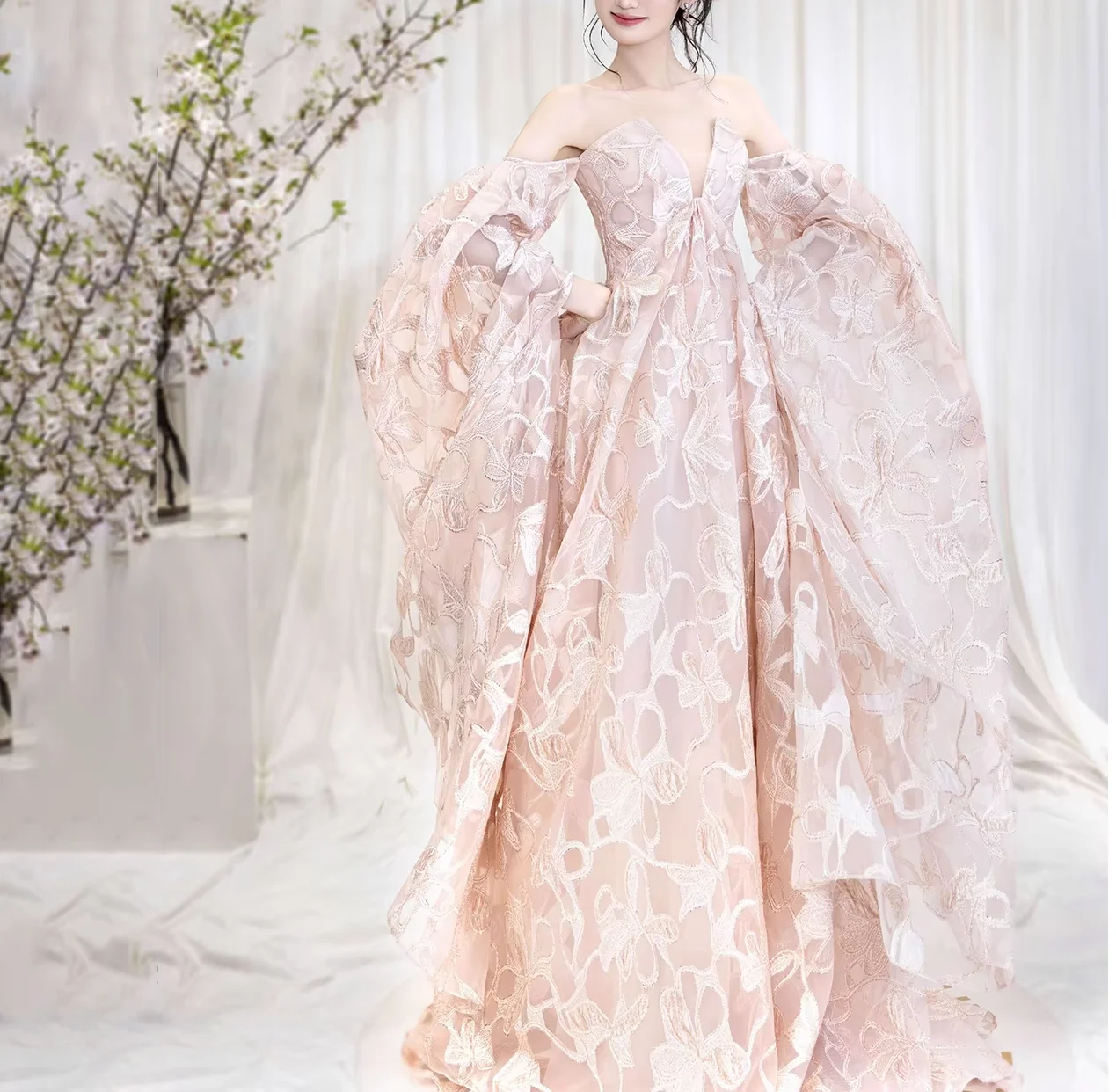 

Elegant Blush Evening Dress Big Wrap Off the Shoulder Party Gowns