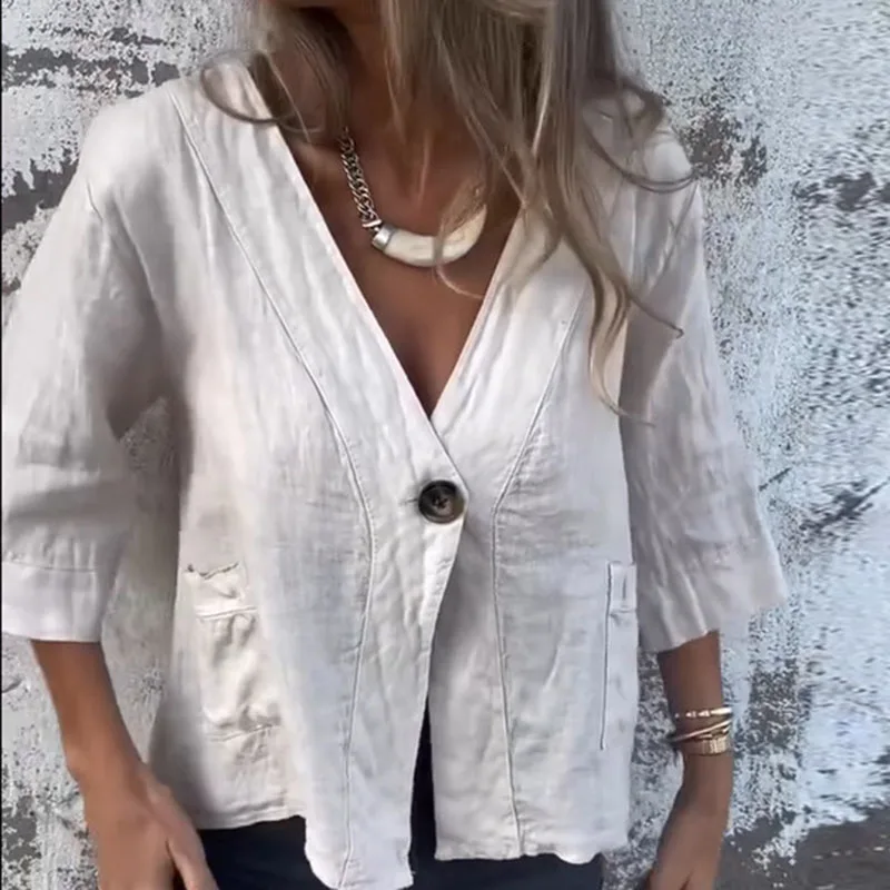Simples vintage com decote em v algodão linho casaco elegante único botão mulher topos cardigan outono meia manga blusa camisa harajuku mujer