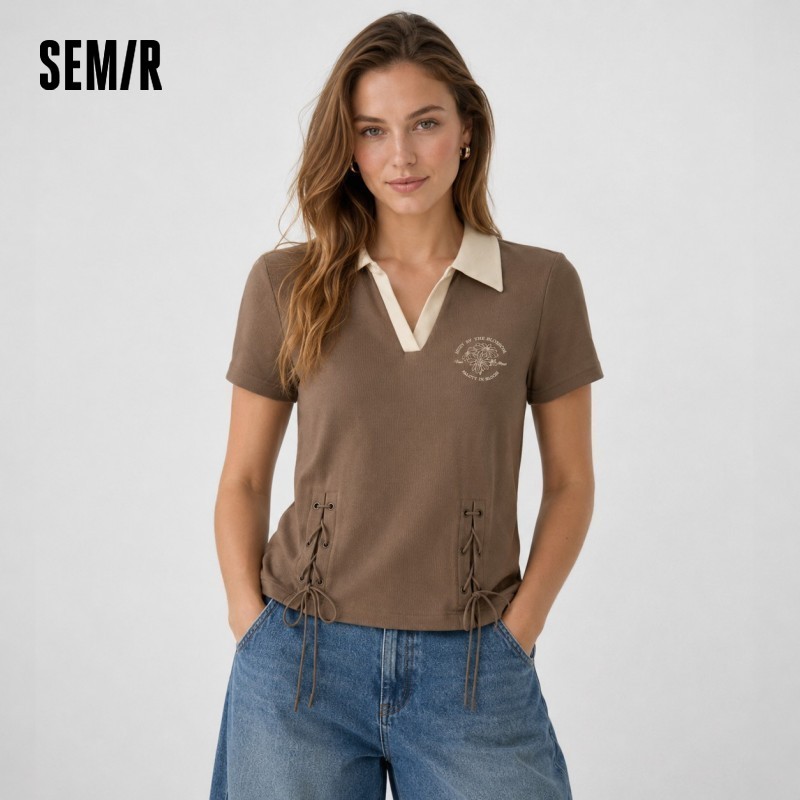  Semir Polo Shirt Women'S Short Printed Retro Style 2024 Summer New Slim Tie Tops 