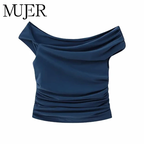 MUJER-Top corto plisado para mujer, Top fruncido con hombros descubiertos, Tops sexis sin mangas para mujer, ropa de calle de moda, Tops asimétricos