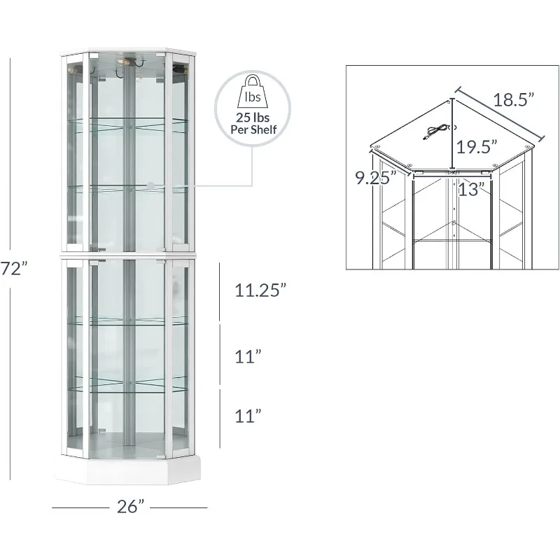 Curiosakast met glazen vitrinekast met deuren en planken van gehard glas, gebogen houten hoekkast met lamp