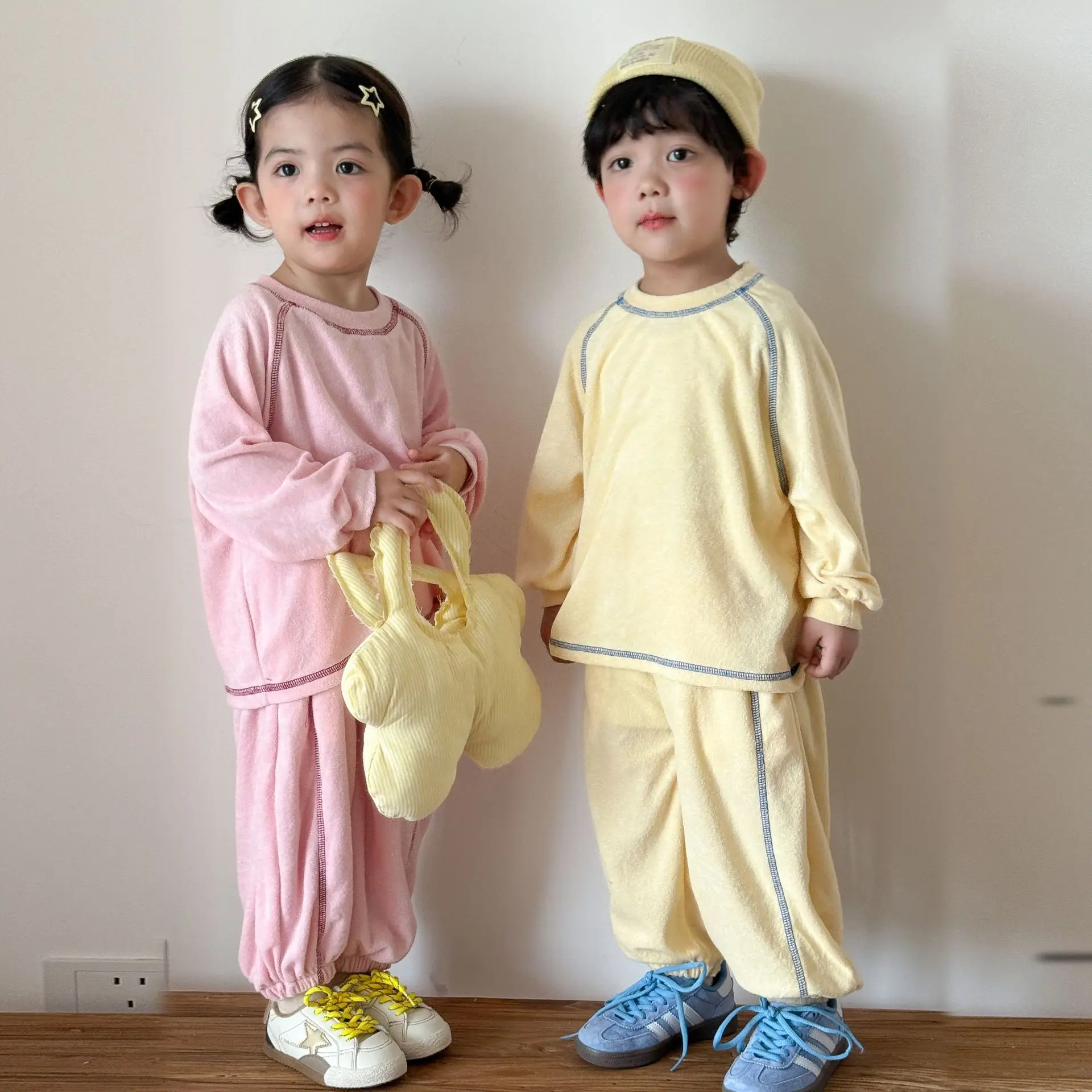 2026 Autumn New Children Home Clothes Set Cotton Boys Girls Long Sleeve Comfortable Pajamas 2pcs Suit Solid Casual Kids Outfits