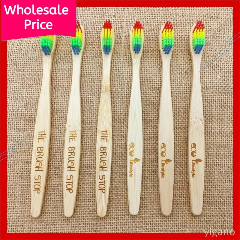 Bamboo Toothbrushes Soft Bristles 100 Pack Laser Your Logo Adult's Eco-Friendly Manual Toothbrush for Home Travel Hotel Use
