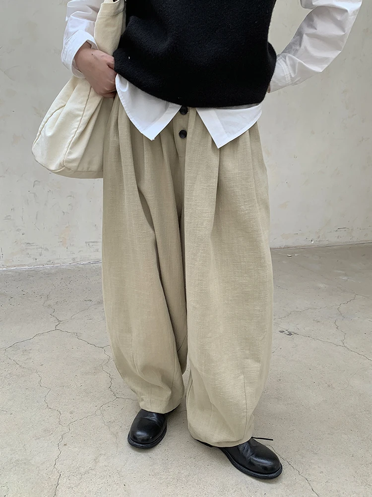 [EAM] High Waist Khaki Button Pleated Brief Thick Long Wide Leg Pants New Trousers Women Fashion Tide Spring Autumn 2024 1DH8388