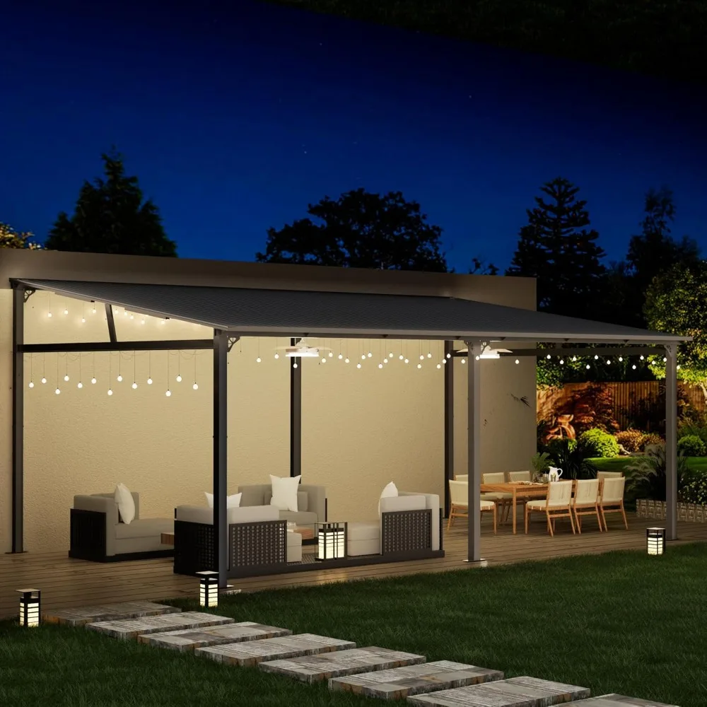 

0' x 12' Outdoor Gazebo, Large Hardtop Pergola with Galvanized Steel Roof, Heavy Duty Lean to Wall Mounted Gazebo and Pergolas