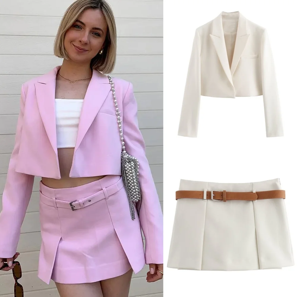 2024 Office Lady Solid Blazer Gonna Abito Moda Manica lunga Giacca corta + Mini gonne con cerniera con cintura Abito casual da donna