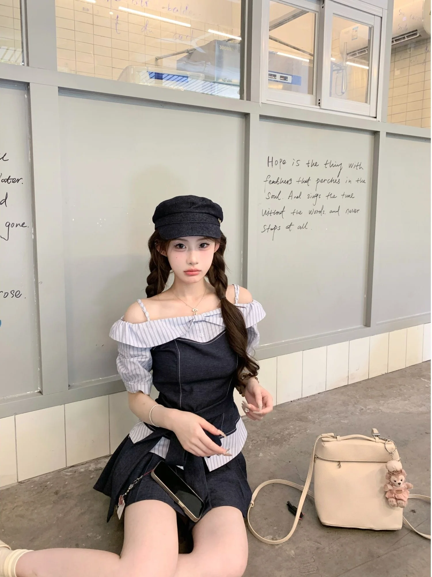 

Mochi Si Lao Sweet Heart Blue Color Blo oulder Strap Skirt Set Girls Summer Faion Outfit Ele Girl Sle