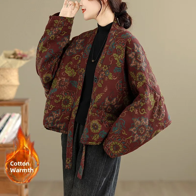 

Женское хлопковое пальто свободного кроя с рукавами «летучая мышь», винтажный цифровой принт, повседневное, длинное, с V-образным вырезом, на одной пуговице