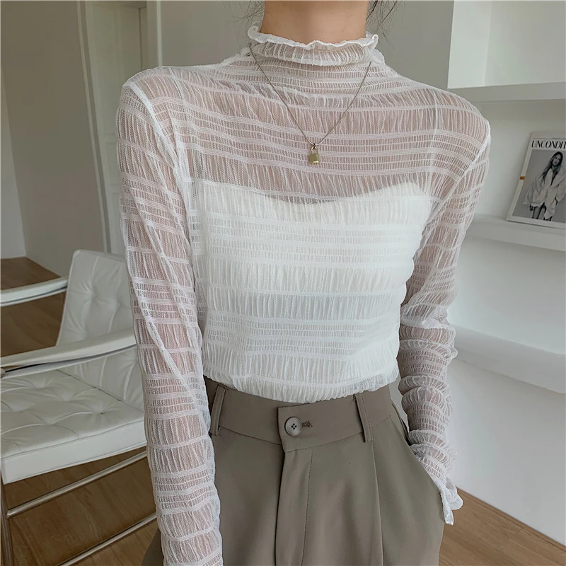 Lace Sheer T Shirt Women Summer Long Sleeve Top Turtleneck T-Shirts Korean Style Clothes Slim Tee Shirt Femme Camisetas De Mujer