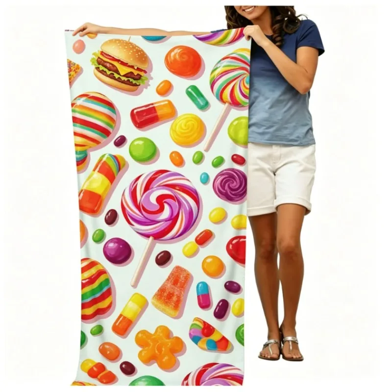 Colorful Sweet Candy Beach Towel, Microfiber Sand Free Quick Dry, Lollipop & Swirl Print, Soft Absorbent for Summer & Pool
