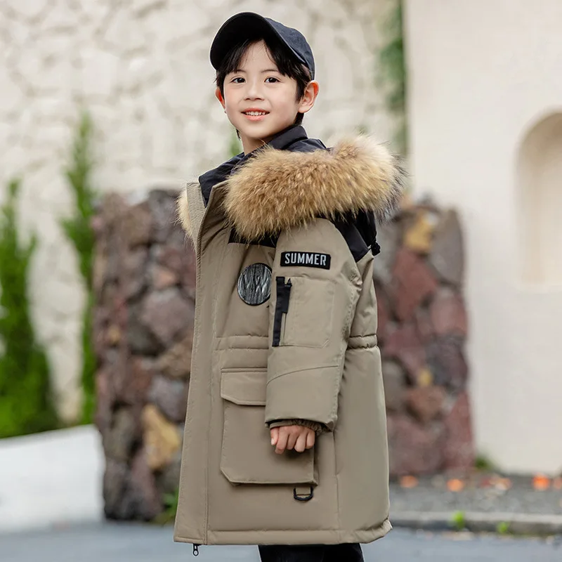 IYEAL Winter Down Jacket For Boys Real Raccoon Fur Thick Warm Children Outerwear Coat 4-12 Years Kids Teenage Boys Parka