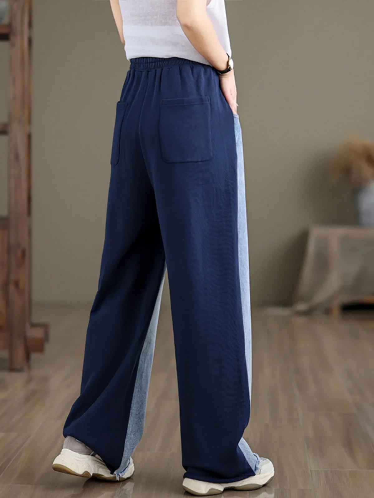 Creative Vintage Design Contrast Color Patchwork Women Denim Pants Summer Fashion Elastic Waist Wide Leg Soft Cozy Jeans Female