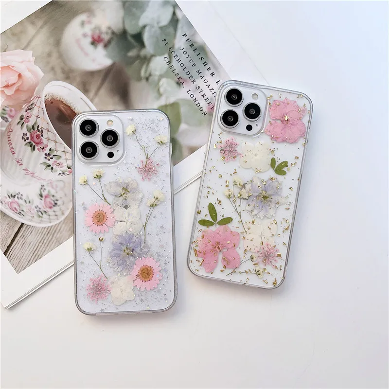 Dried Flower Glitter Clear Phone Cases For Iphone 16 15 14 13 12 11 Pro Max Xs Max Xr X 7 8 Plus Case Soft Silicone Back Cover F