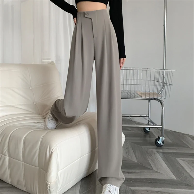 Women's Full Pants, High Waist Buttons Suit, Wide Leg, Elegant, Minimalism, Straight Loose Trousers, Female, Spring, Summer, New
