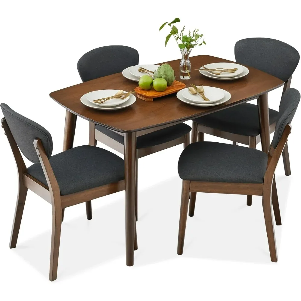

5-Piece Dining Set, Compact Mid-Century Modern for Home, Apartment w/ 4 Chairs, Padded Seats & Backrests, Wooden Frame