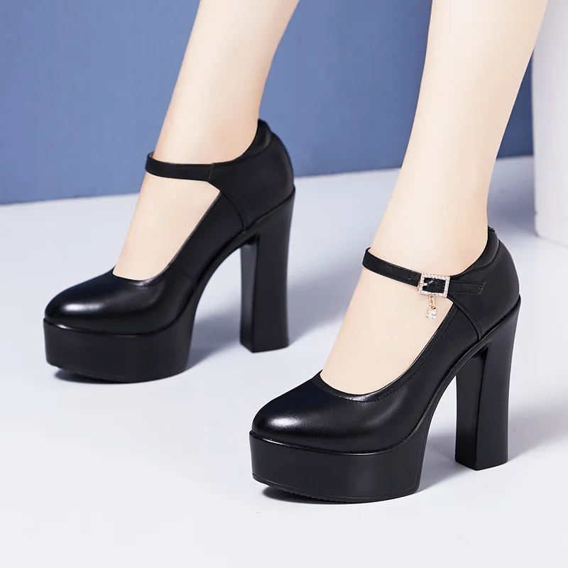 

Genuine Leather Women Shoes Women Platform Pumps Round Toe 6/9/12/13CM Thick Heels Fashion Wedding Party Office Shoes 32-43