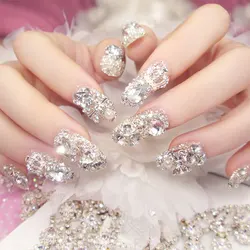 24Pcs Long False Nails Glitter Diamond Pearl Bowknot Crown Design Press on Nails Tips Fake Nails Acrylic Artificial Wearable