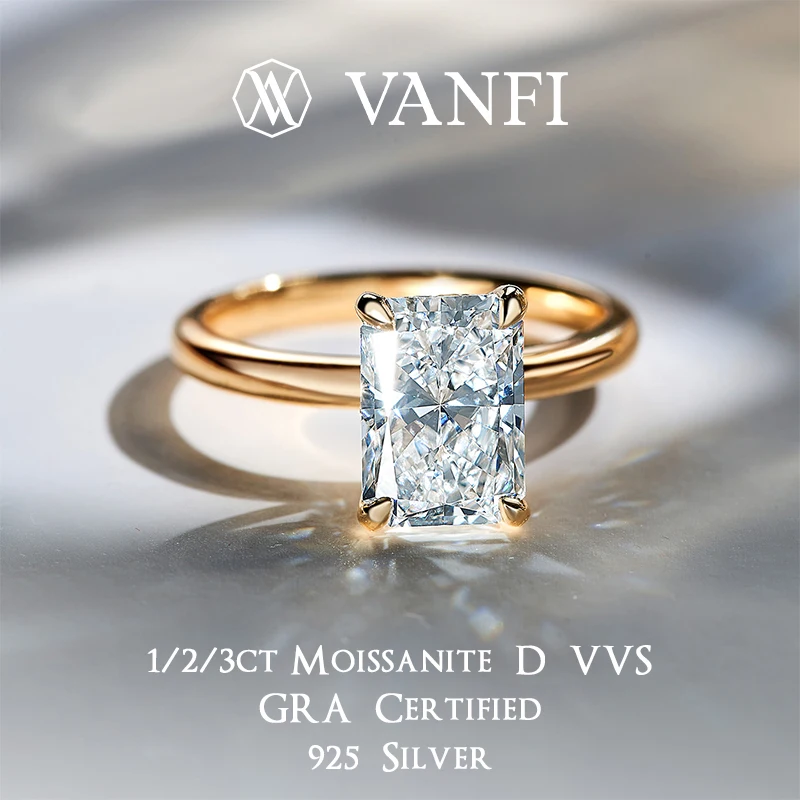

kfvanfi 1/2/3ct GRA Moissanite D VVS 925 sterling silver rectangular lab diamond women's ring plated with 18k gold party jewelry
