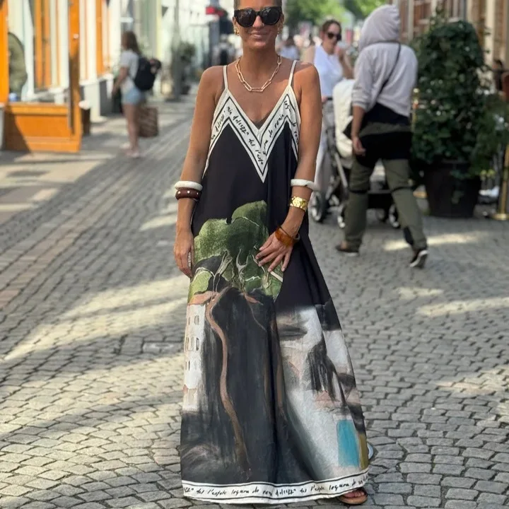 

Casual Vacation Style Print Spaghetti Strap long Dresses Women Sexy V-neck Backless Loose Sleeveless Dress Female Summer New