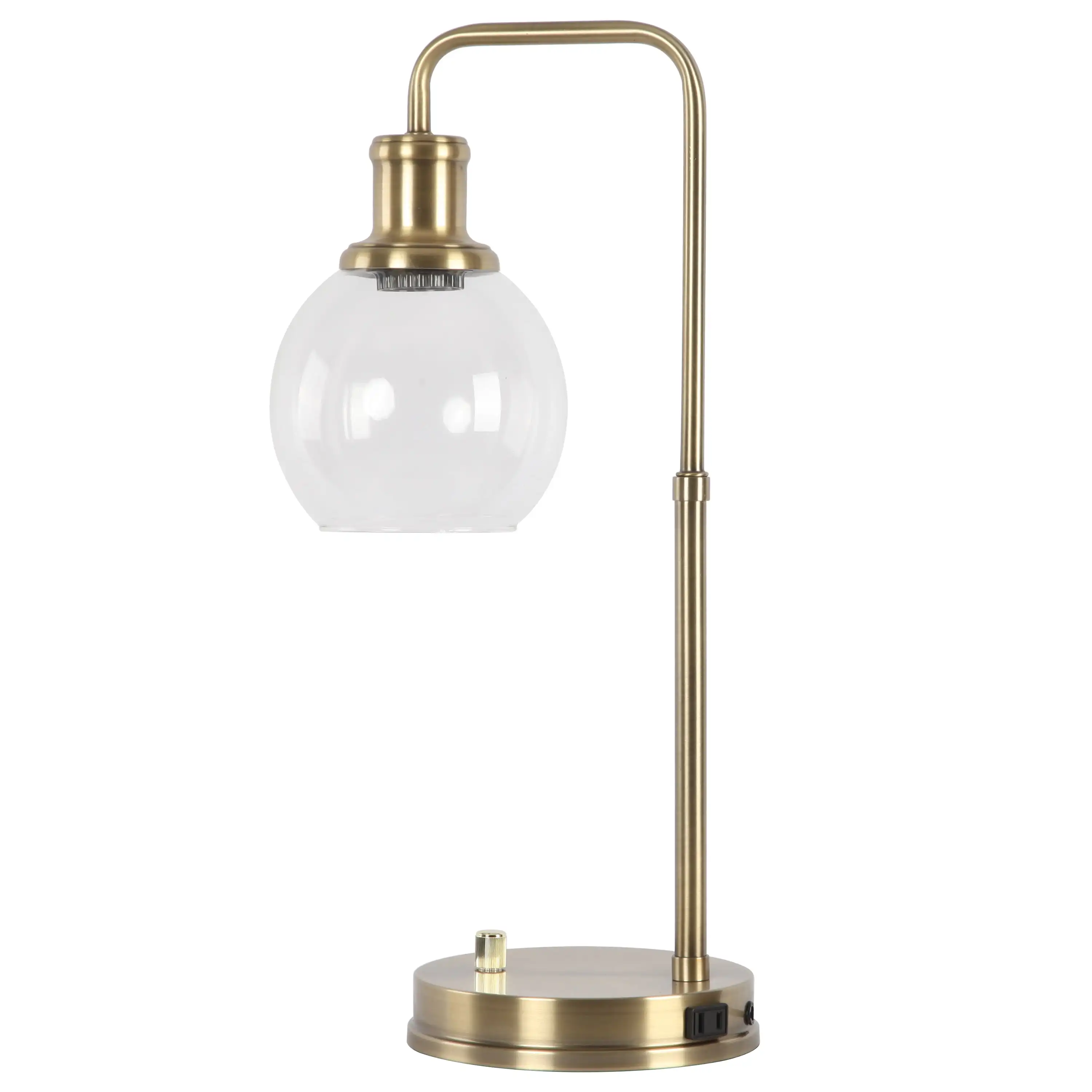 

Gold Desk Lamp with a Glass Shade & AC Outlet, Metal Finish, Farmhouse Style