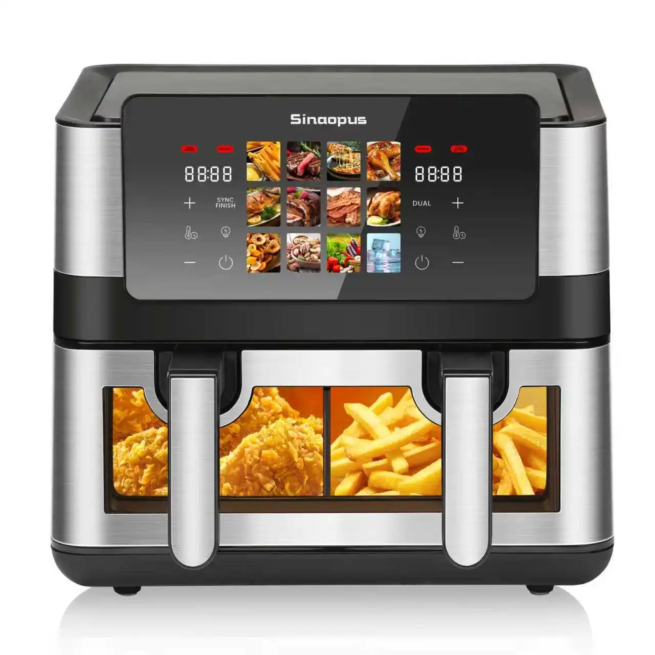 Sinaopus 8,5 l Heißluftfritteuse mit zwei Körben, 2000 W, LED-Touchscreen, großes Sichtfenster, 12-in-1-Ofen, ölfrei