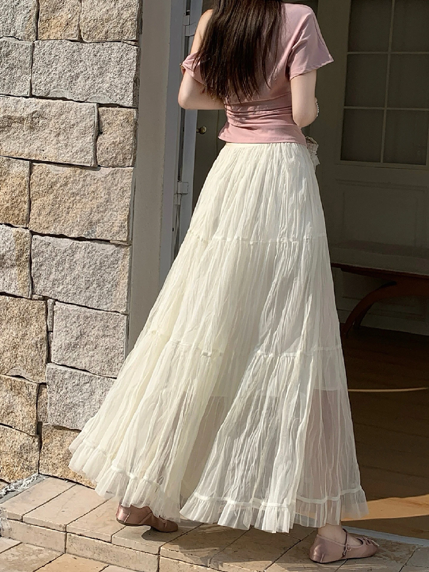 

Cherry Blossom Pink Gauze f Skirt Women's Spring Summer Ele Sweet Hanging Sense A-Line Flared Pleated Skirt