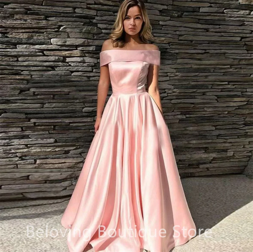 

Modern Pink Boat Neck Prom Dresses Arabic Dubai A Line Sain Off Shoulder Celebrity Party Gowns Robes Coutures Evening Dress 2024