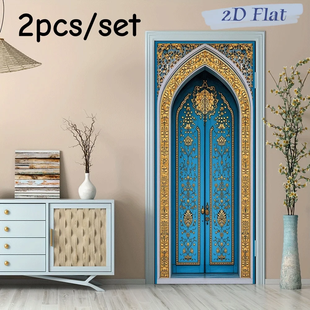 2 pegatinas decorativas para puerta y pared, estilo tailandés, con relieve azul, patrón retro del sudeste asiático, efecto de lámina dorada, autoadhesivas.