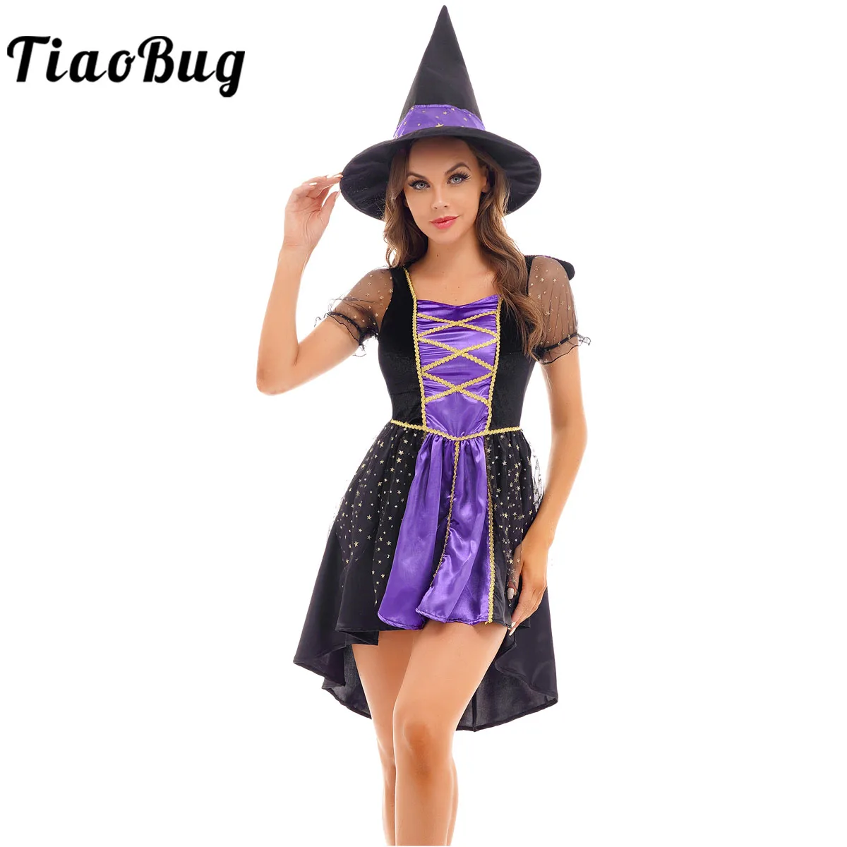 

Womens Halloween Witch Costume Sparkly Silver Stars Printed Carnival Cosplay Dress+Pointed Hat Carnival Party Dress Up Clothes