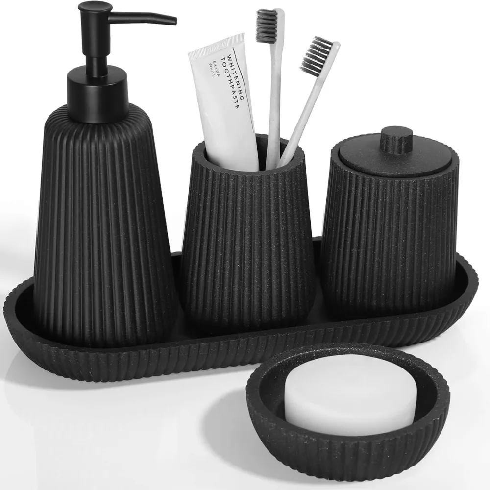 

Набор аксессуаров для ванной комнаты из смолы черного цвета, 5 шт., набор аксессуаров для ванной комнаты, дозатор мыла, держатель для зубных щеток, держатель qtip, мыльница, v
